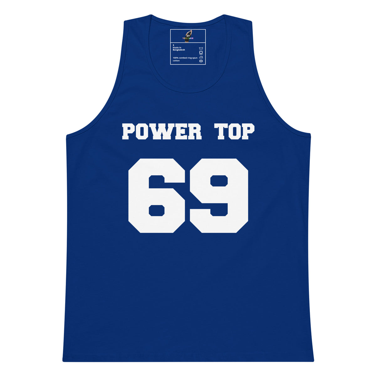 A royal blue sleeveless tank top with 'POWER TOP' and the number '69' printed in bold white block letters on the front, shown against a plain white background.