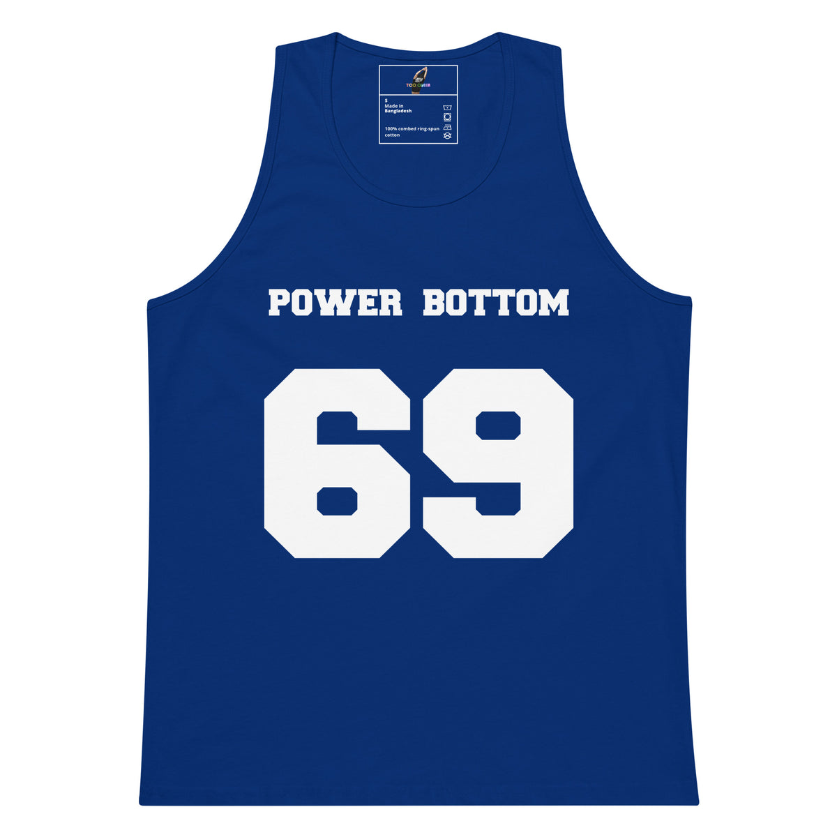 A royal blue sleeveless tank top with 'POWER BOTTOM' printed in white block letters above a large white '69' on the front, shown on a plain white background.