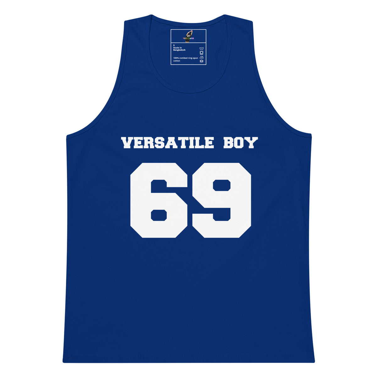 A royal blue sleeveless tank top with 'VERSATILE BOY' and the number '69' printed in bold white on the front, shown against a plain white background.