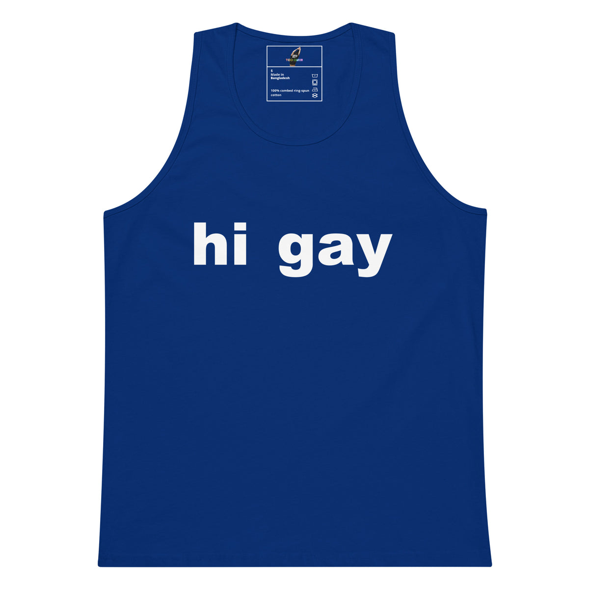 A royal blue tank top with the words 'hi gay' printed in bold white lowercase letters across the chest, displayed flat against a solid white background.