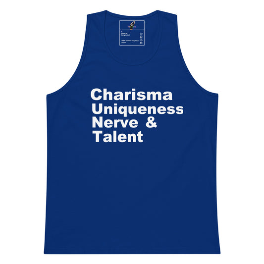 A royal blue sleeveless tank top with the phrase 'Charisma Uniqueness Nerve & Talent' printed in bold white text across the chest, shown on a plain white background.