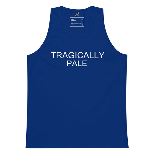 A royal blue sleeveless tank top with the words 'TRAGICALLY PALE' printed in white across the chest, shown on a plain white background.
