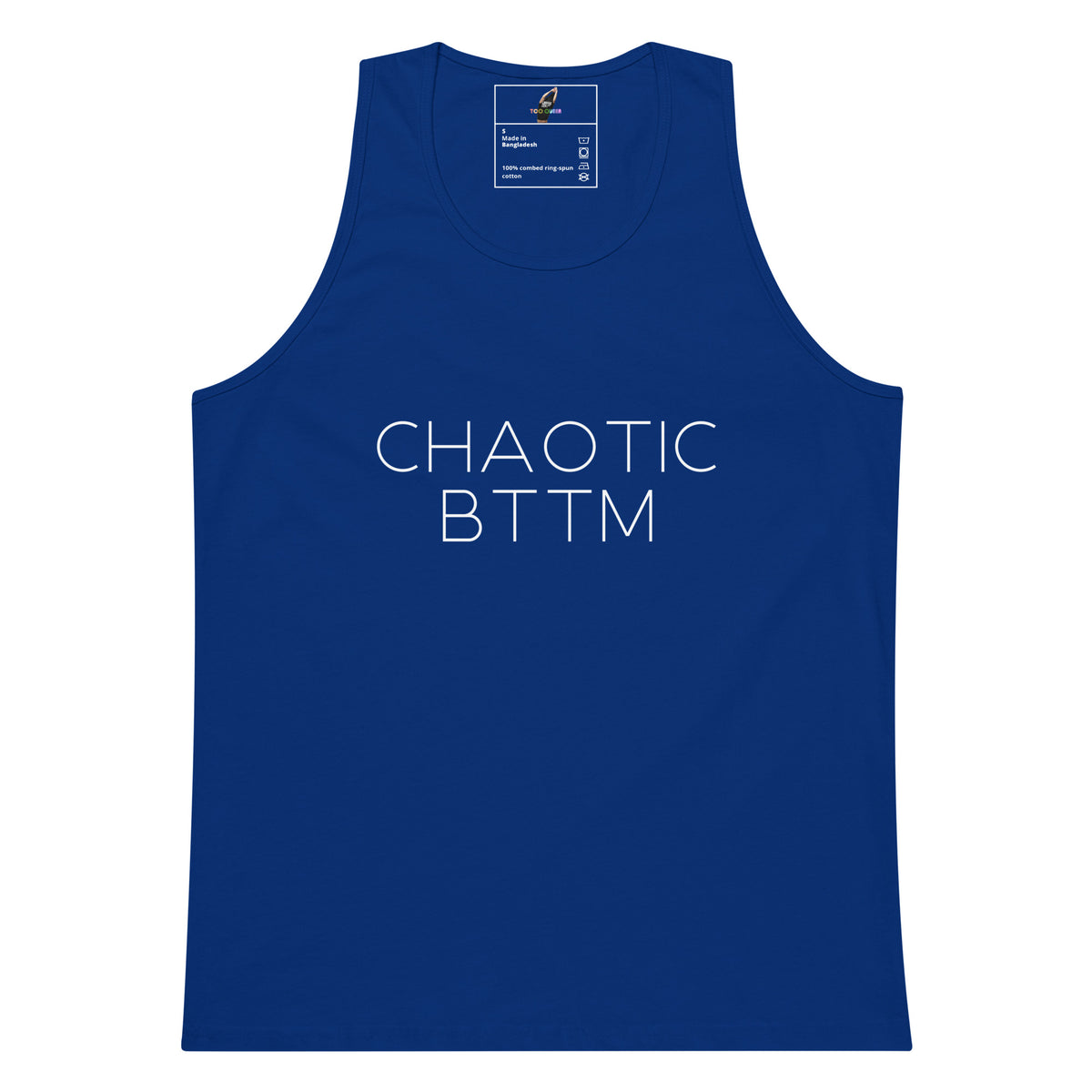 A royal blue sleeveless tank top with the words 'CHAOTIC BTTM' printed in white sans-serif letters across the chest, displayed flat against a solid white background.
