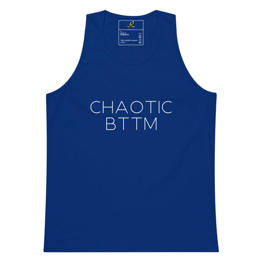 A royal blue sleeveless tank top with the words 'CHAOTIC BTTM' printed in white sans-serif letters across the chest, displayed flat against a solid white background.