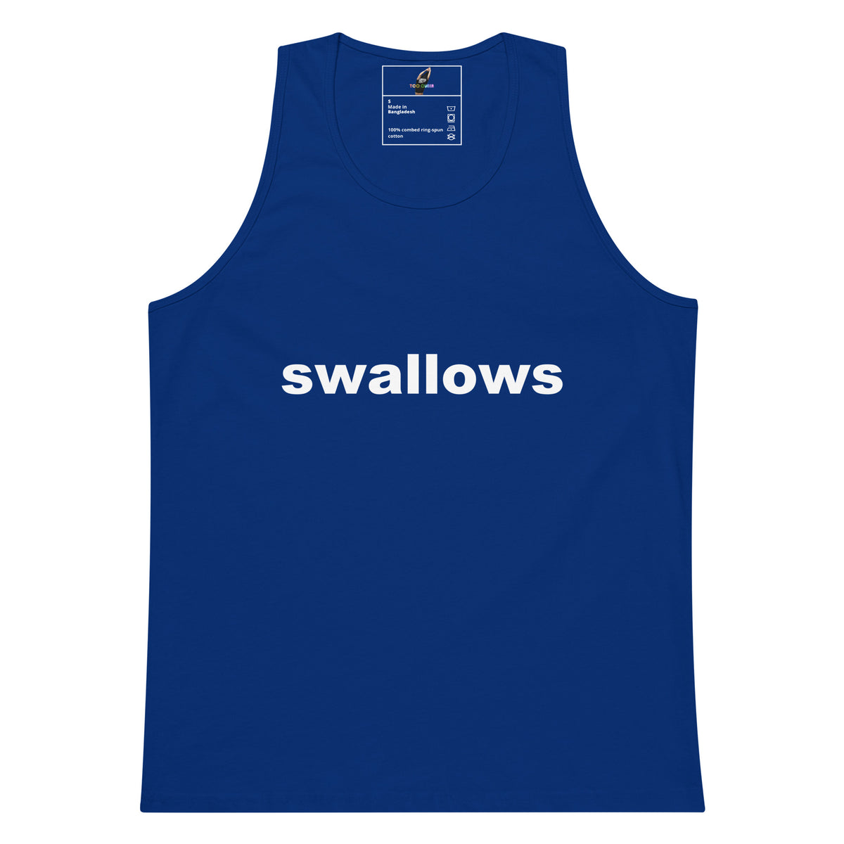 Blue tank top with a brand label on a white background