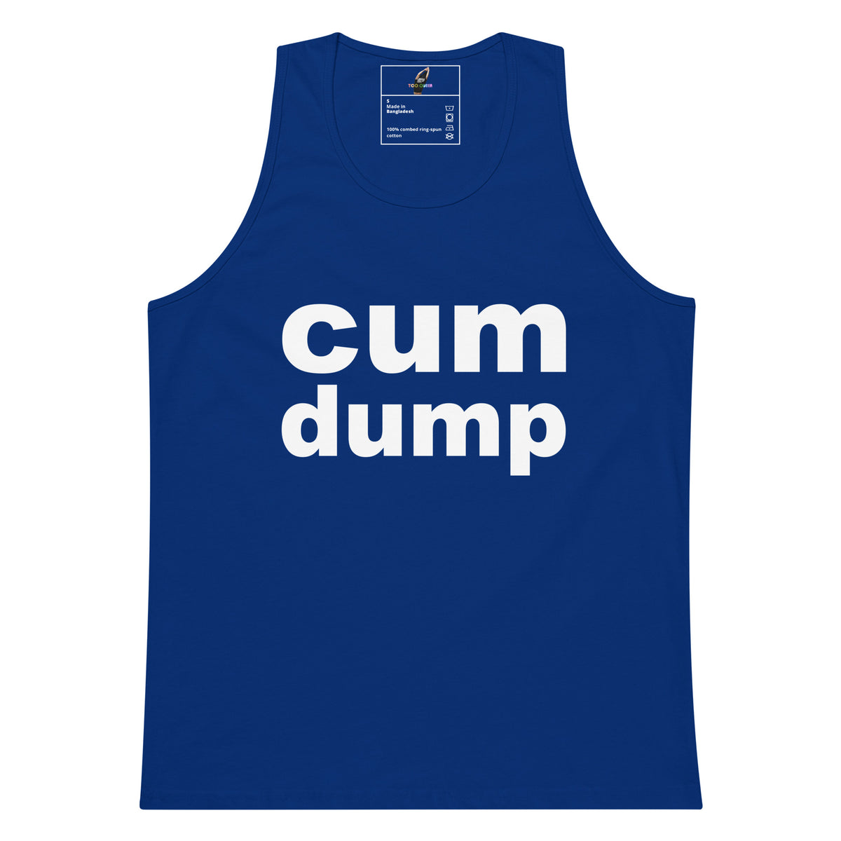 A royal blue sleeveless tank top with the words 'cum dump' printed in bold white lowercase letters across the chest, shown on a plain white background.