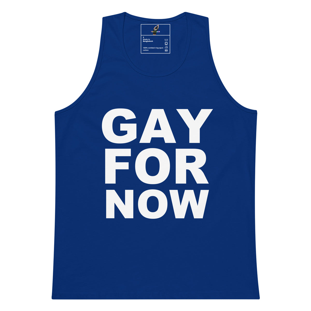 A black sleeveless tank top with the words 'GAY FOR NOW' printed in large, bold white capital letters on the front, shown against a plain white background.