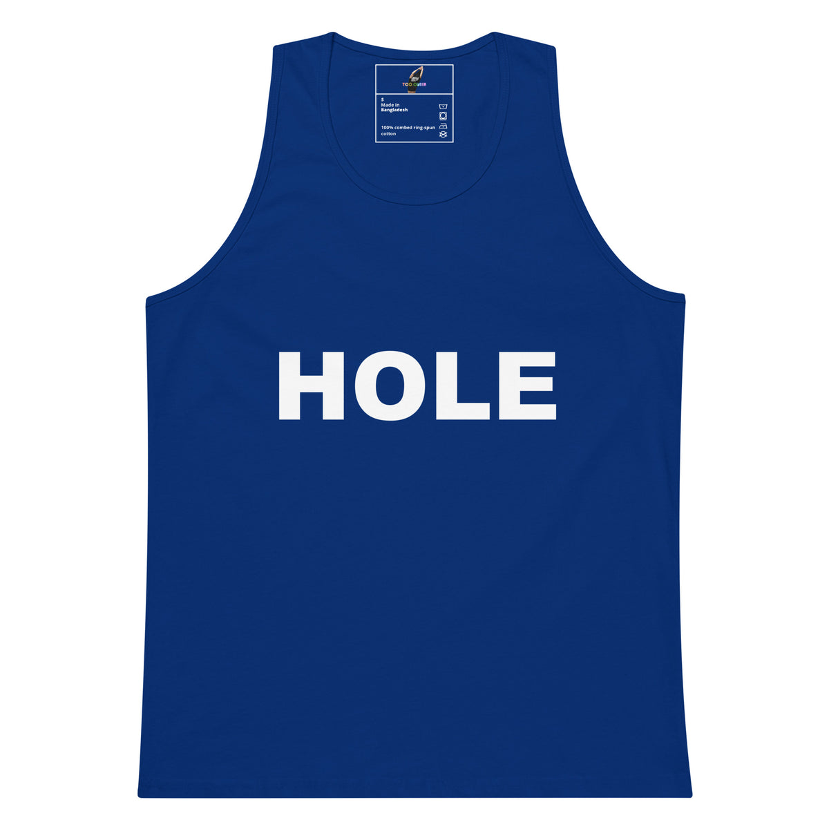 A royal blue sleeveless tank top with the word 'HOLE' printed in bold white capital letters across the chest, shown flat against a plain white background.