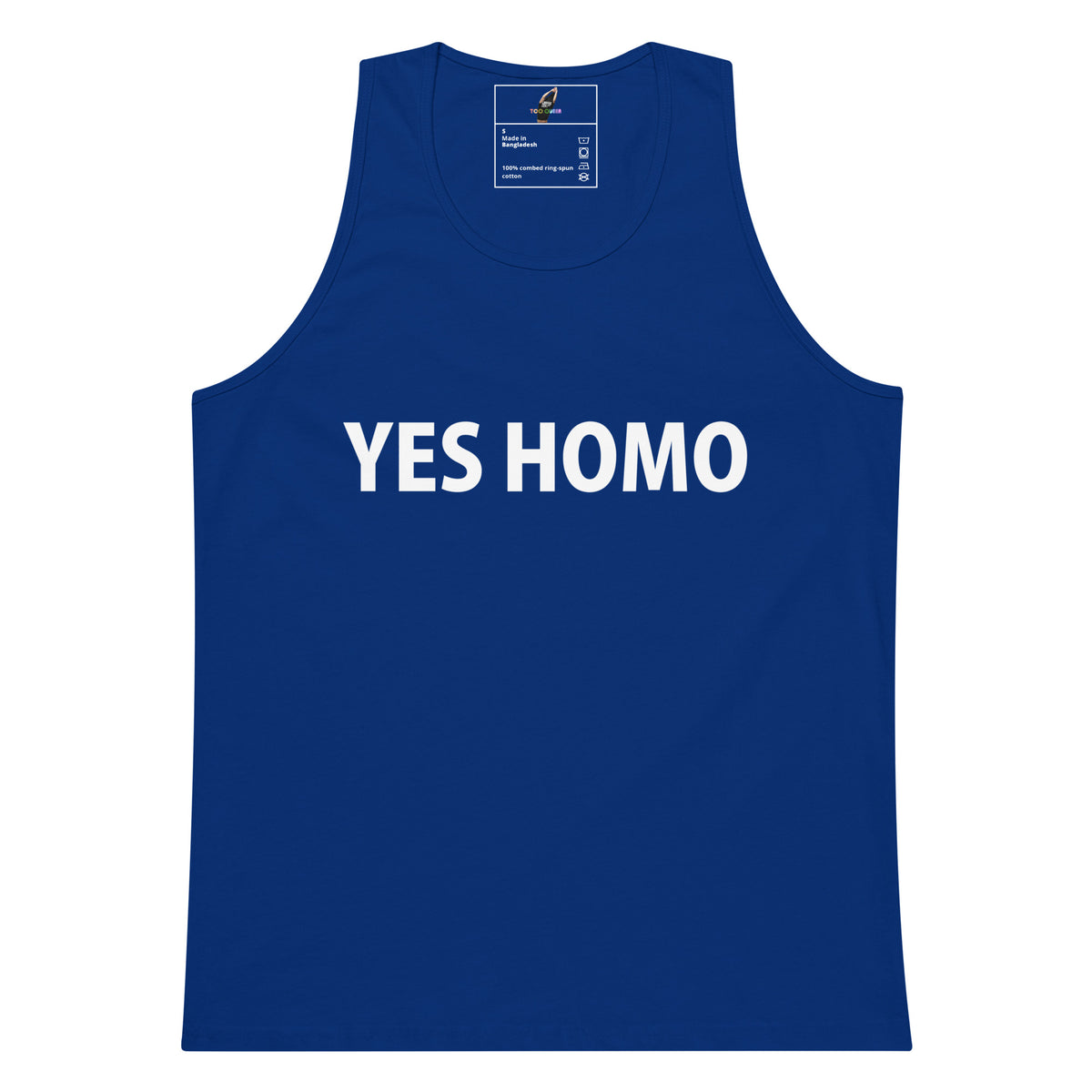 A royal blue sleeveless tank top with the words 'YES HOMO' printed in bold white capital letters across the chest, shown flat against a plain white background.