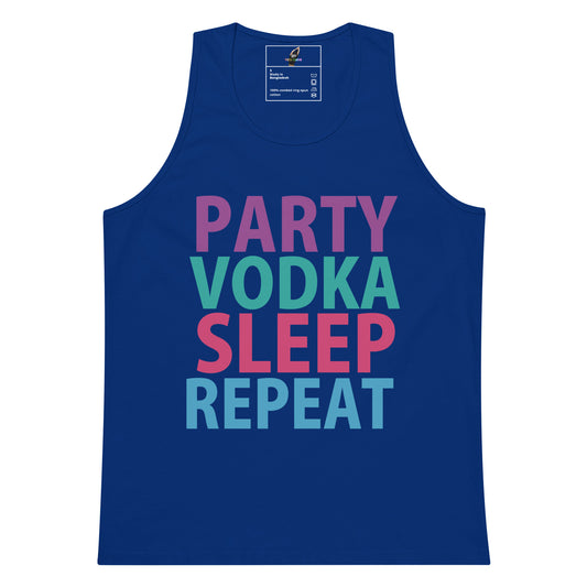 A royal blue tank top with the phrase 'PARTY VODKA SLEEP REPEAT' printed in large, colorful letters across the front. The text uses a mix of pink, purple, and teal colors.