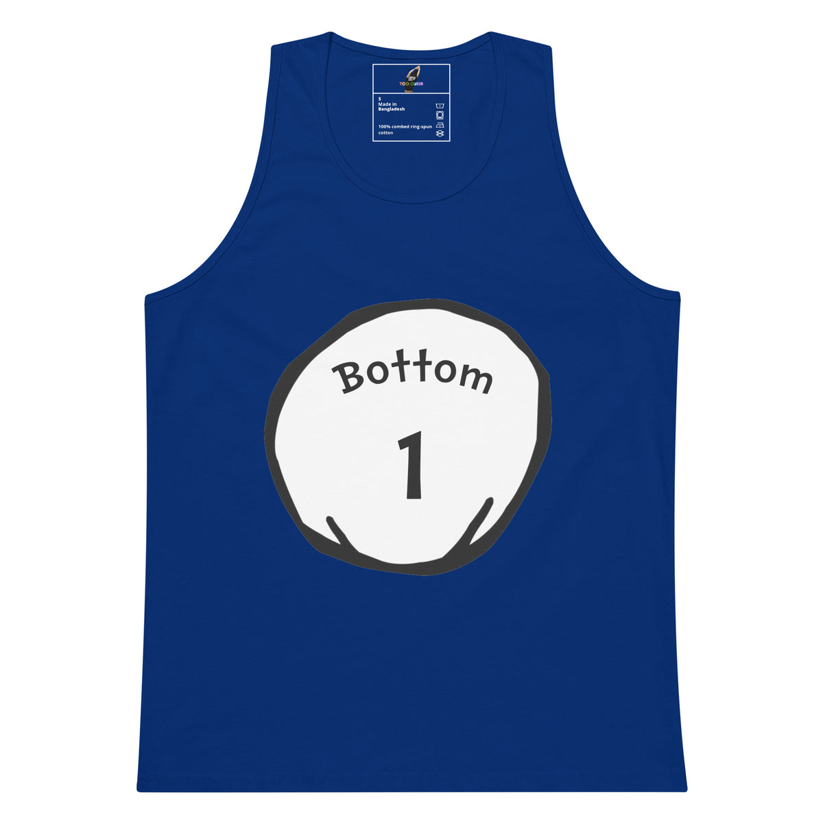 A royal blue sleeveless tank top with a white circular graphic on the chest containing the text 'Bottom 1' in black. The inner neck label shows the brand 'Gildan'.