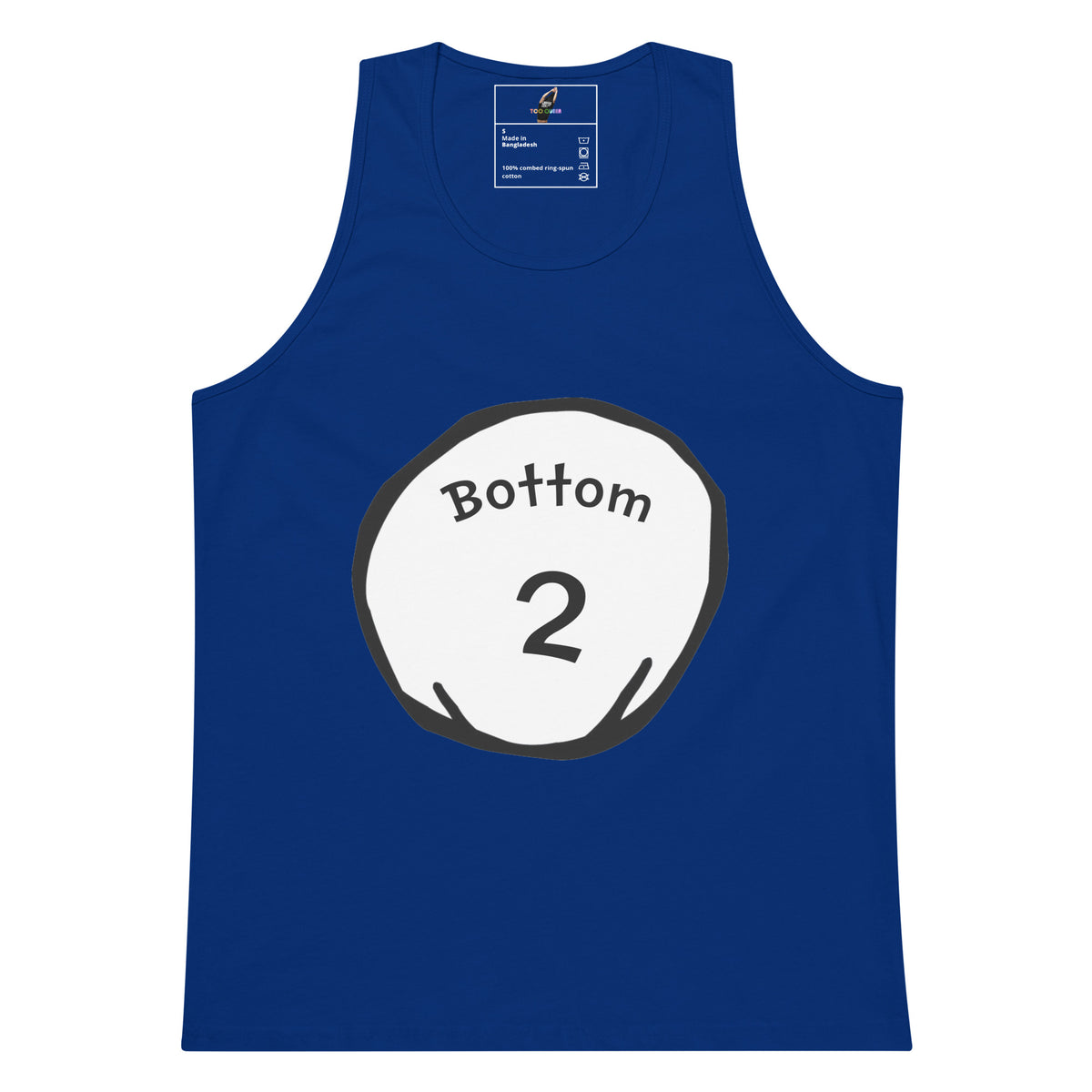 A royal blue sleeveless tank top with a white circular graphic on the chest containing the text 'Bottom 2' in black. The tank top is displayed flat against a solid white background.