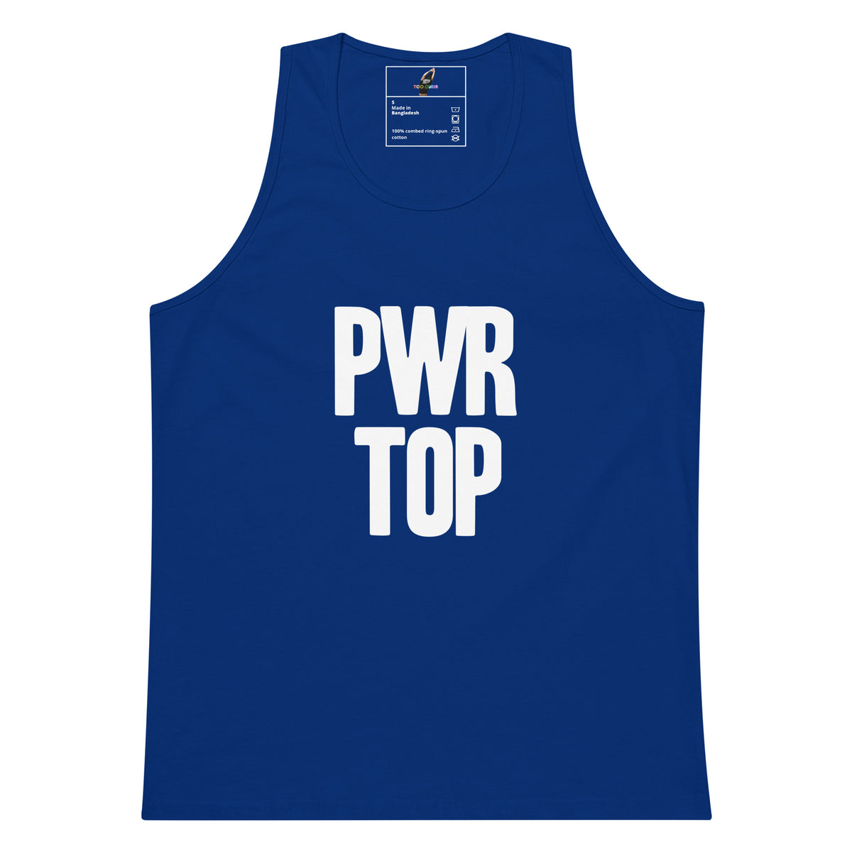 A royal blue sleeveless tank top with 'PWR TOP' printed in bold white letters on the front, displayed against a solid white background.