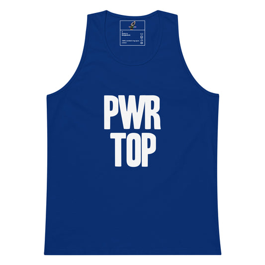 A royal blue sleeveless tank top with 'PWR TOP' printed in bold white letters on the front, displayed against a solid white background.