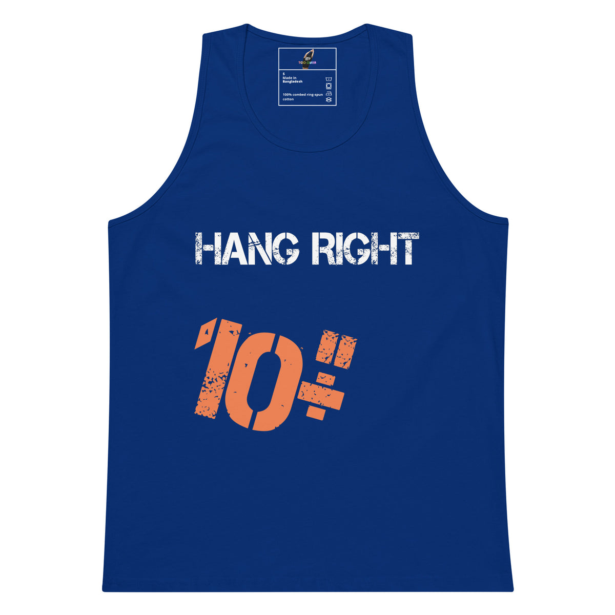 A royal blue sleeveless tank top with 'HANG RIGHT' printed in distressed white letters and a large distressed orange '10+' graphic below it, shown on a plain white background.
