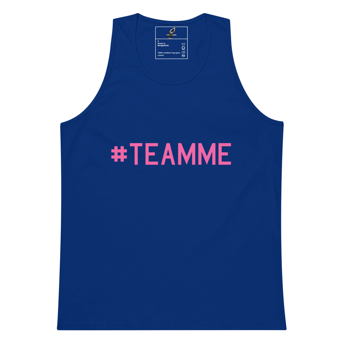A royal blue sleeveless tank top with the text '#TEAMME' printed in bright pink across the chest, displayed flat against a solid white background.