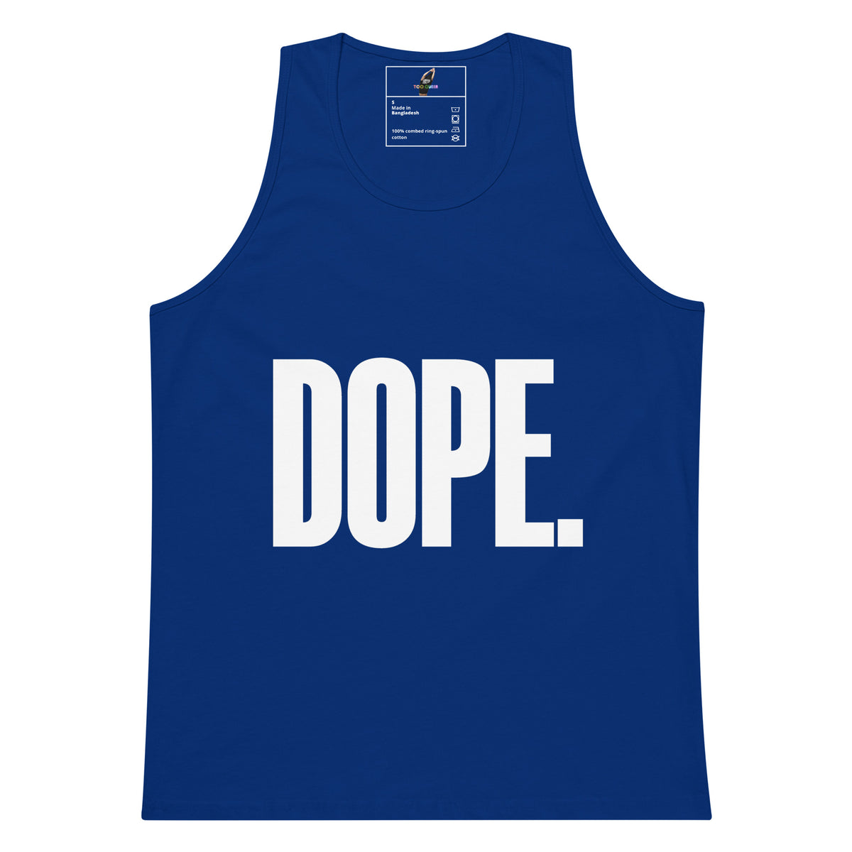 A royal blue sleeveless tank top with the word 'DOPE.' printed in large white block letters across the chest, shown flat against a plain white background.