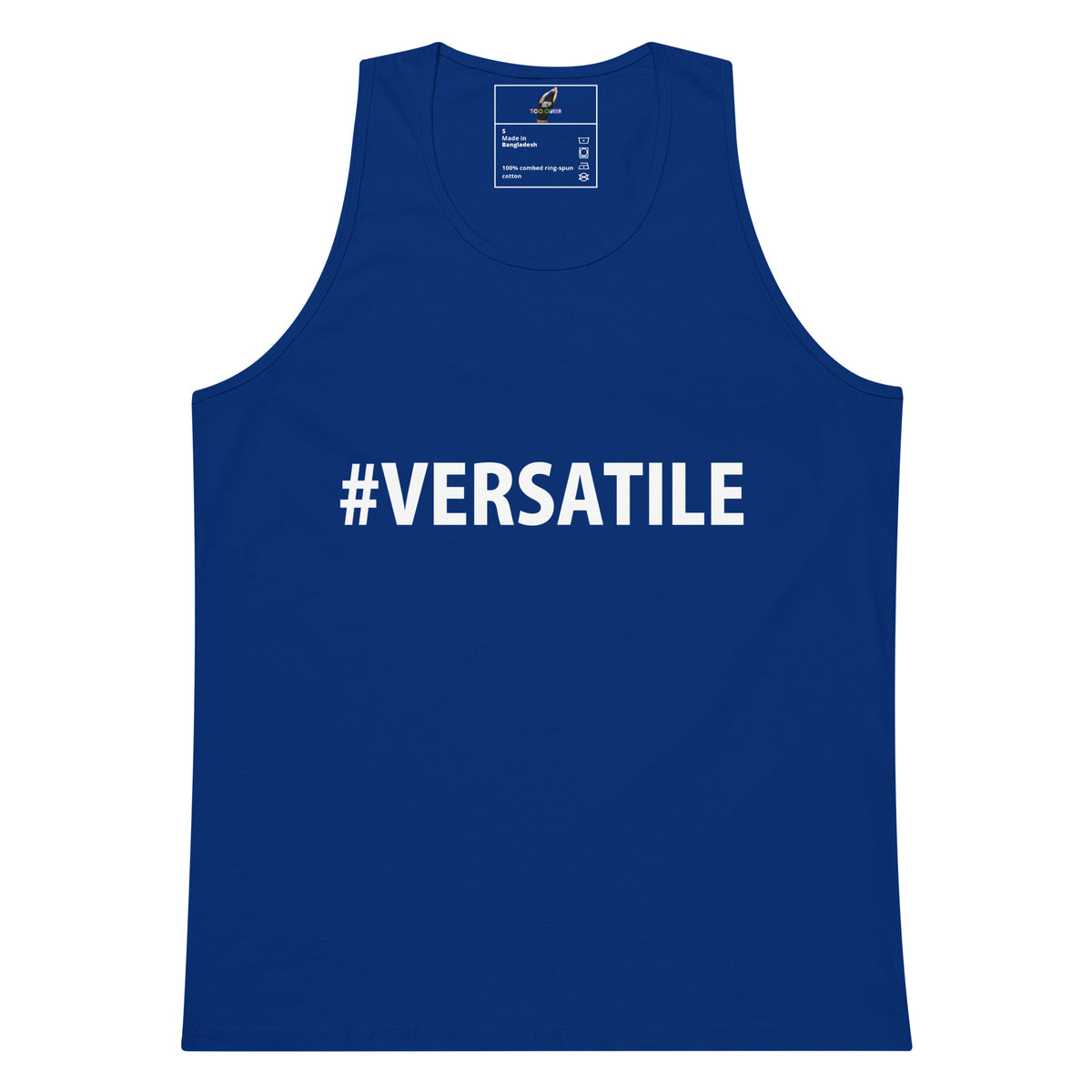 A royal blue sleeveless tank top with the hashtag text '#VERSATILE' printed in bold white capital letters across the chest, displayed on a clean white background.