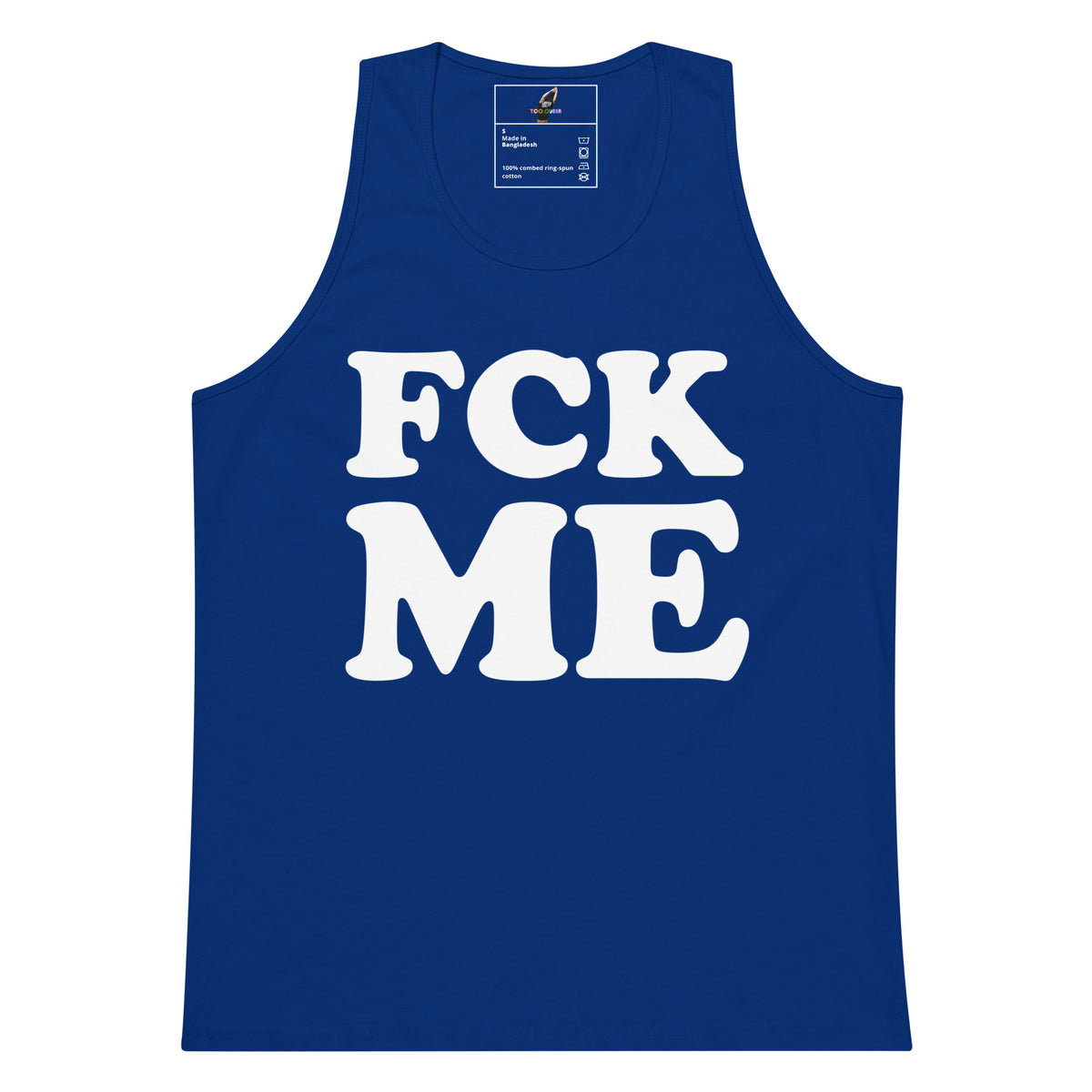 A royal blue sleeveless tank top with the words 'FCK ME' printed in large white bubble letters across the front, shown on a plain white background.