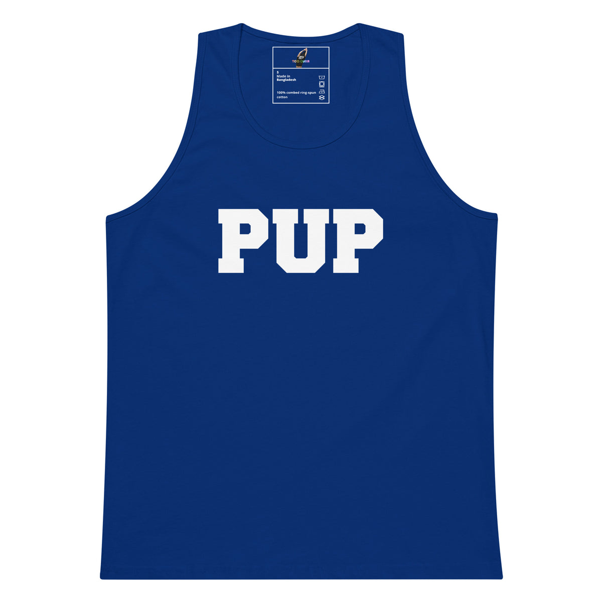 A royal blue sleeveless tank top with the word 'PUP' printed in large white varsity-style block letters across the chest, shown on a plain white background.