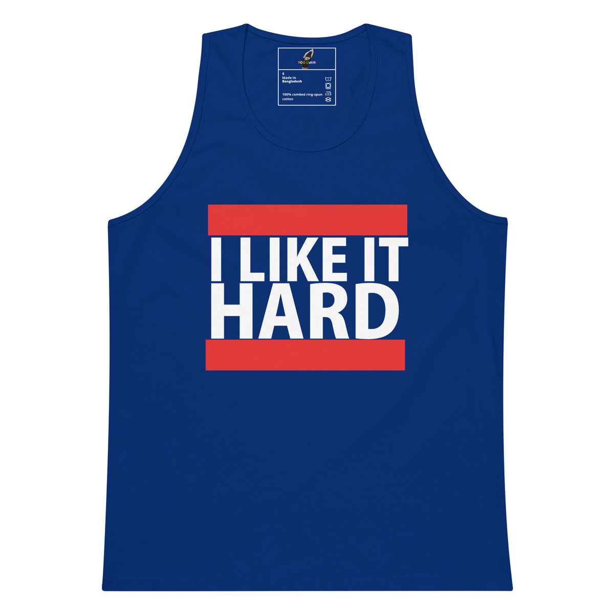 A royal blue tank top with a graphic print reading 'I LIKE IT HARD' in bold white letters, framed by two red horizontal bars, shown on a plain white background.
