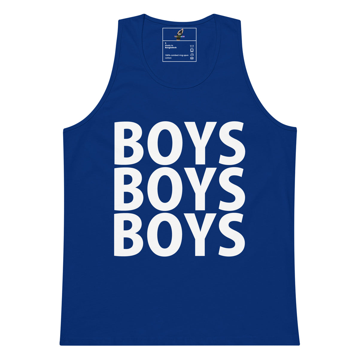 A royal blue sleeveless tank top with the word 'BOYS' printed in large white block letters, repeated vertically three times on the front, shown against a plain white background.