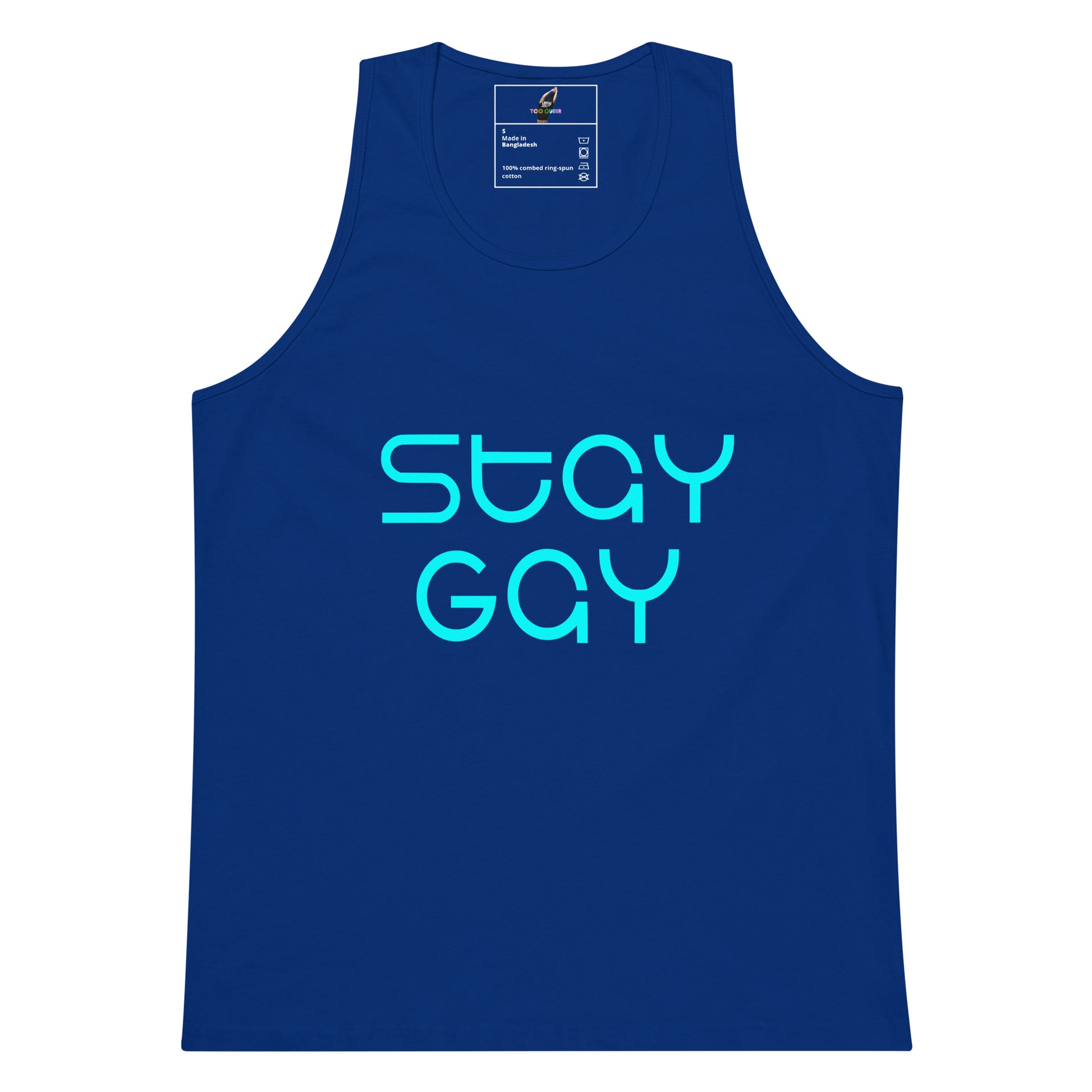 A royal blue sleeveless tank top with the words 'STAY GAY' printed in a bright cyan outline font across the chest, shown on a plain white background.
