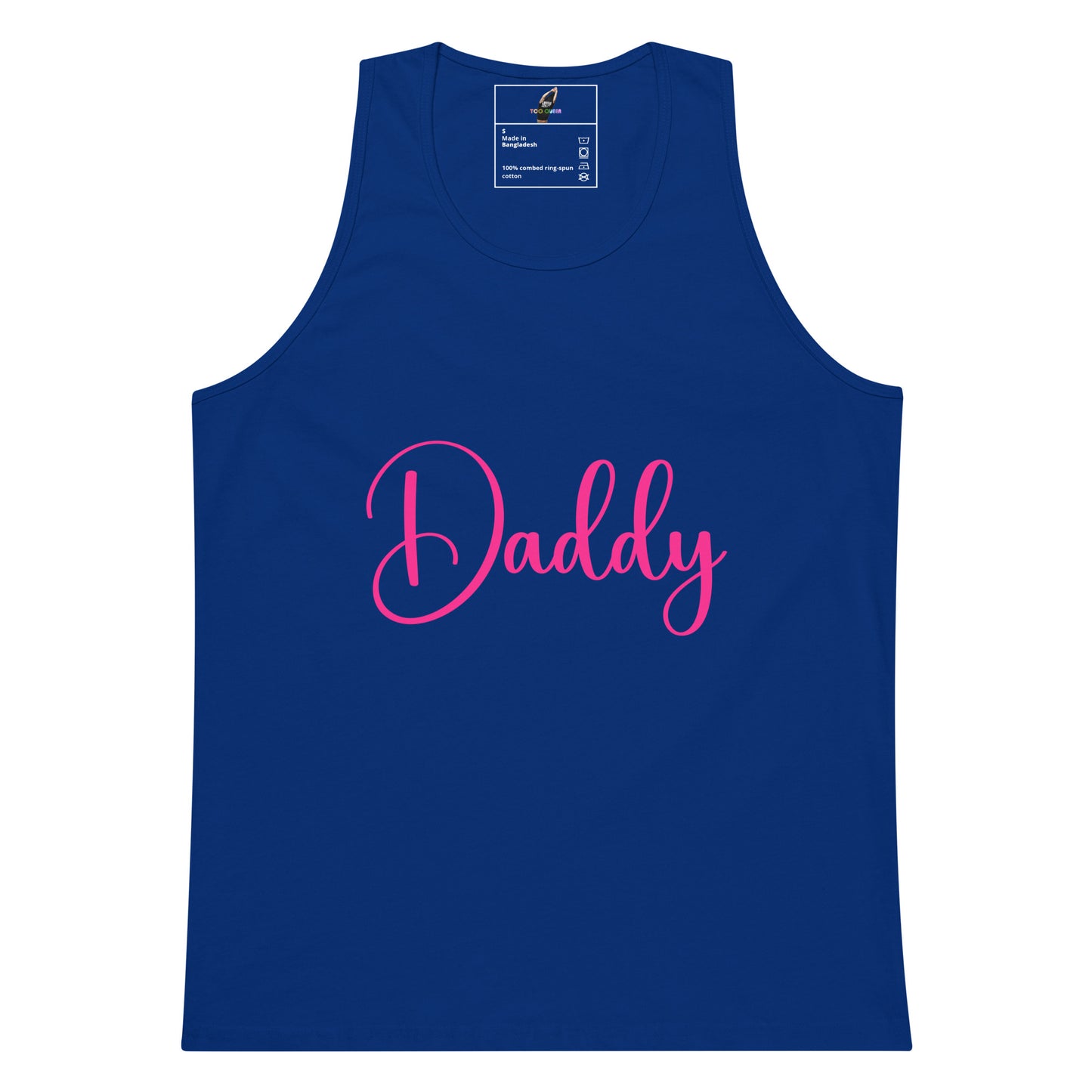 A royal blue sleeveless tank top with the word 'Daddy' printed across the chest in bright pink cursive script, shown on a plain white background.