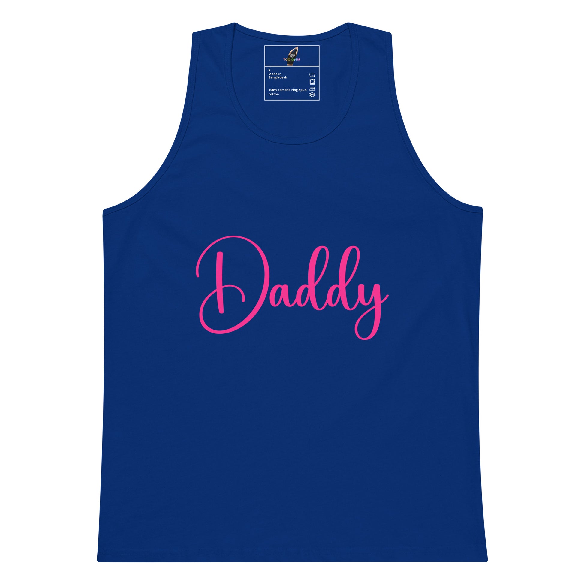A royal blue sleeveless tank top with the word 'Daddy' printed across the chest in bright pink cursive script, shown on a plain white background.