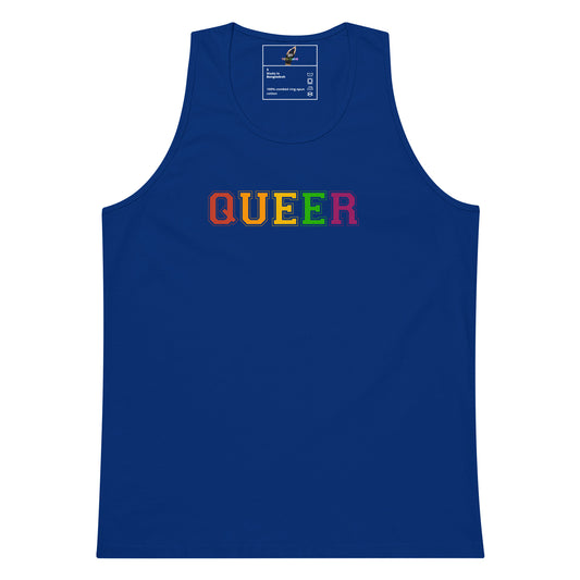 A royal blue tank top featuring the word 'QUEER' printed across the chest in rainbow-colored letters, shown against a plain white background.