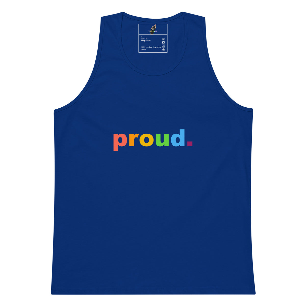 A royal blue tank top with the word 'proud.' printed across the chest in rainbow colors, shown flat against a white background.