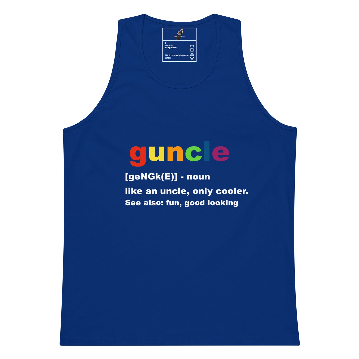A royal blue tank top with a colorful graphic on the chest spelling 'guncle' in rainbow colors, followed by a dictionary-style definition in white text.