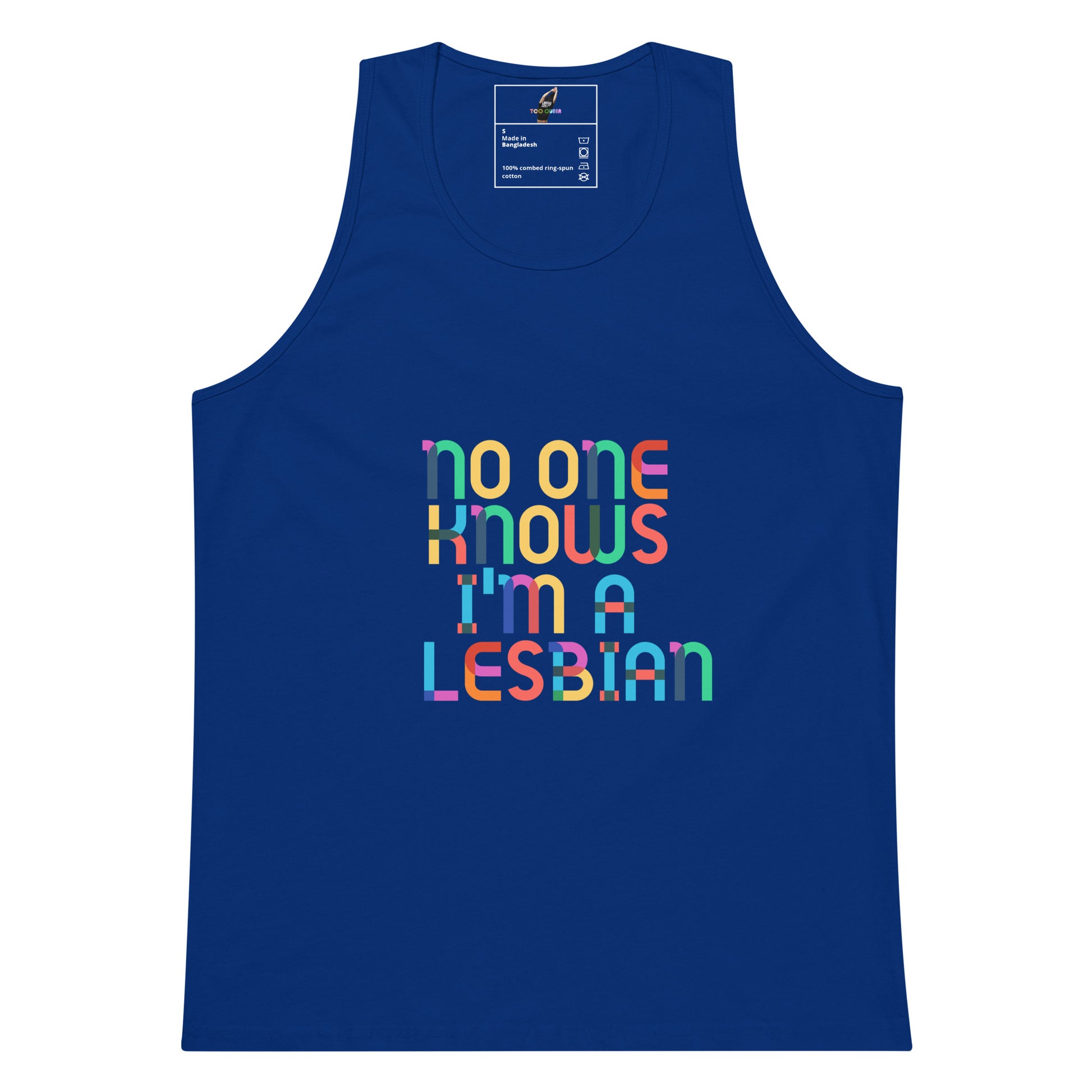 A royal blue sleeveless tank top with a colorful graphic text print reading 'no one knows i'm a lesbian' in rainbow-colored letters, shown on a plain white background.