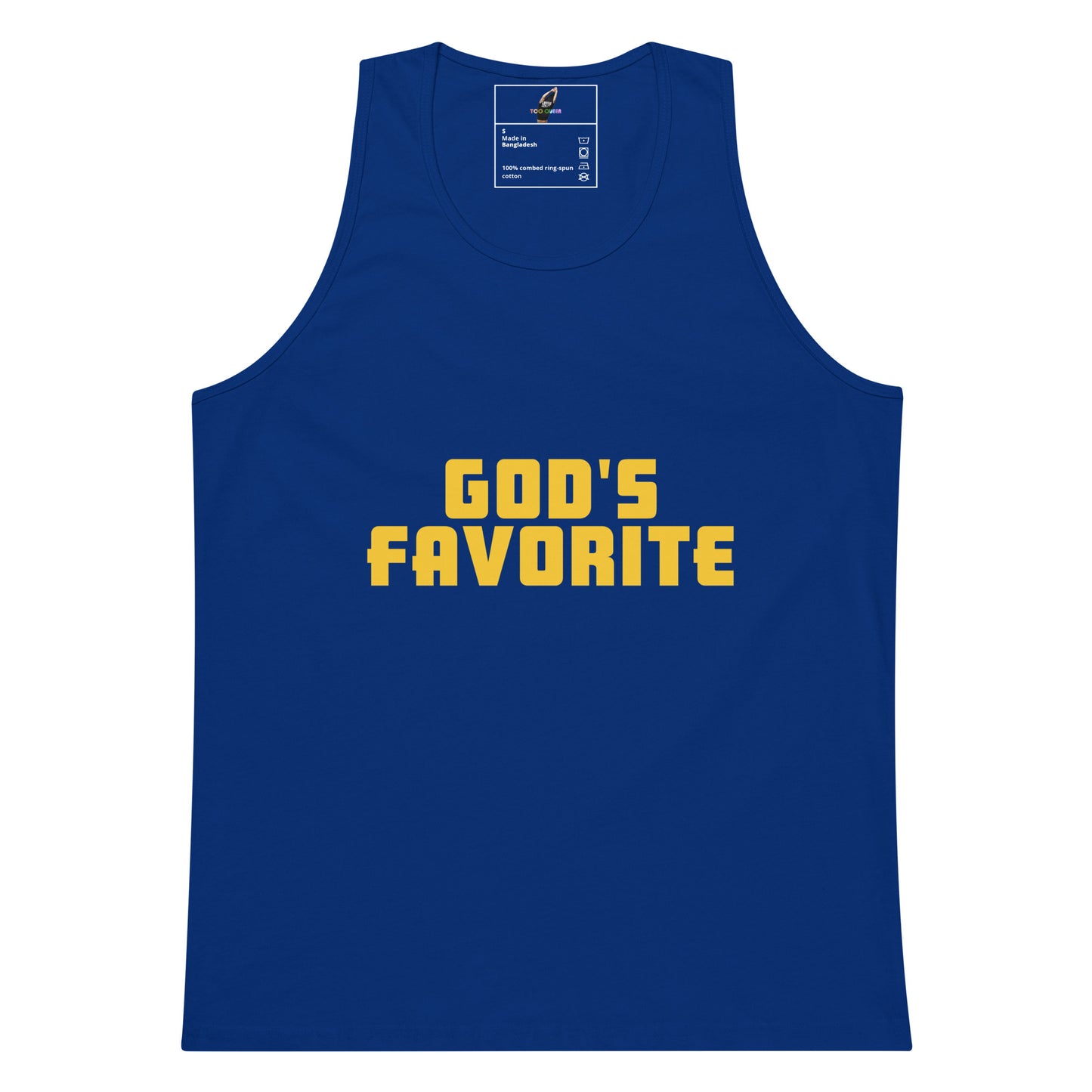 A royal blue sleeveless tank top with 'GOD'S FAVORITE' printed across the chest in bold yellow block letters, shown against a plain white background.