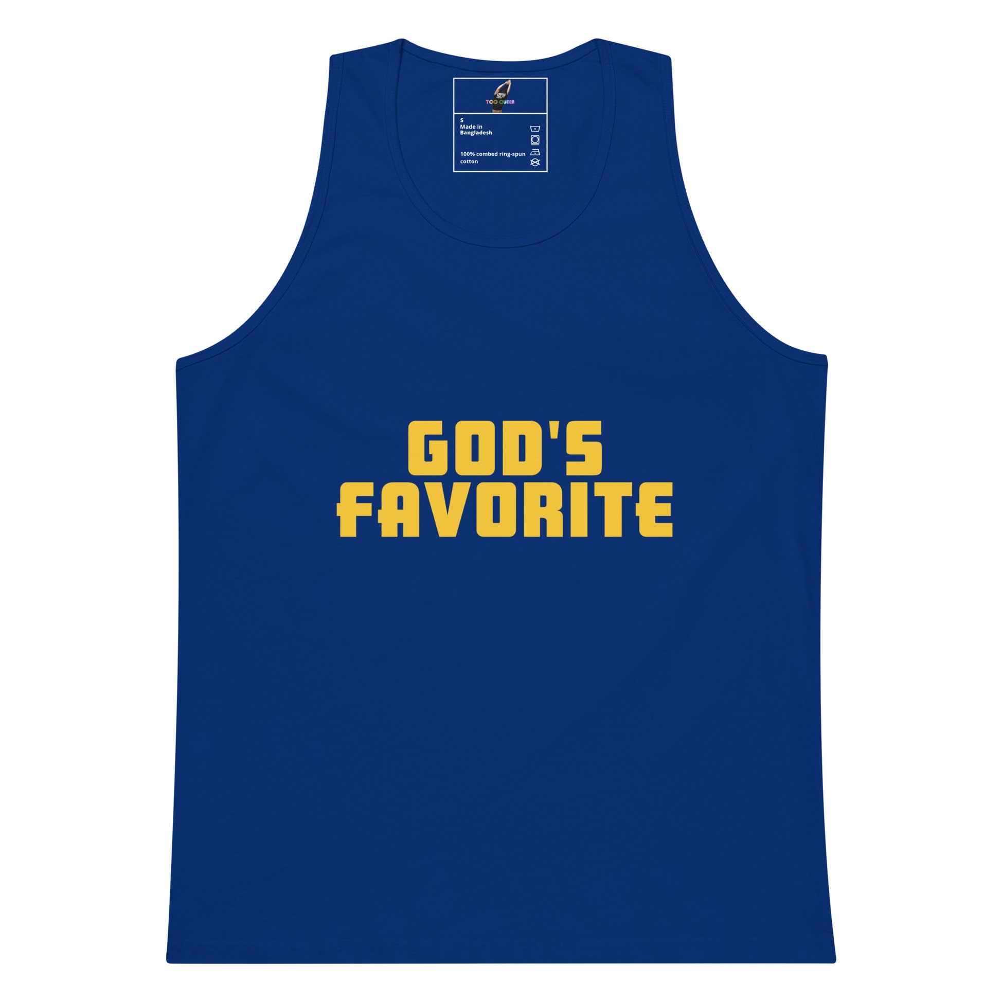 A royal blue sleeveless tank top with 'GOD'S FAVORITE' printed across the chest in bold yellow block letters, shown against a plain white background.