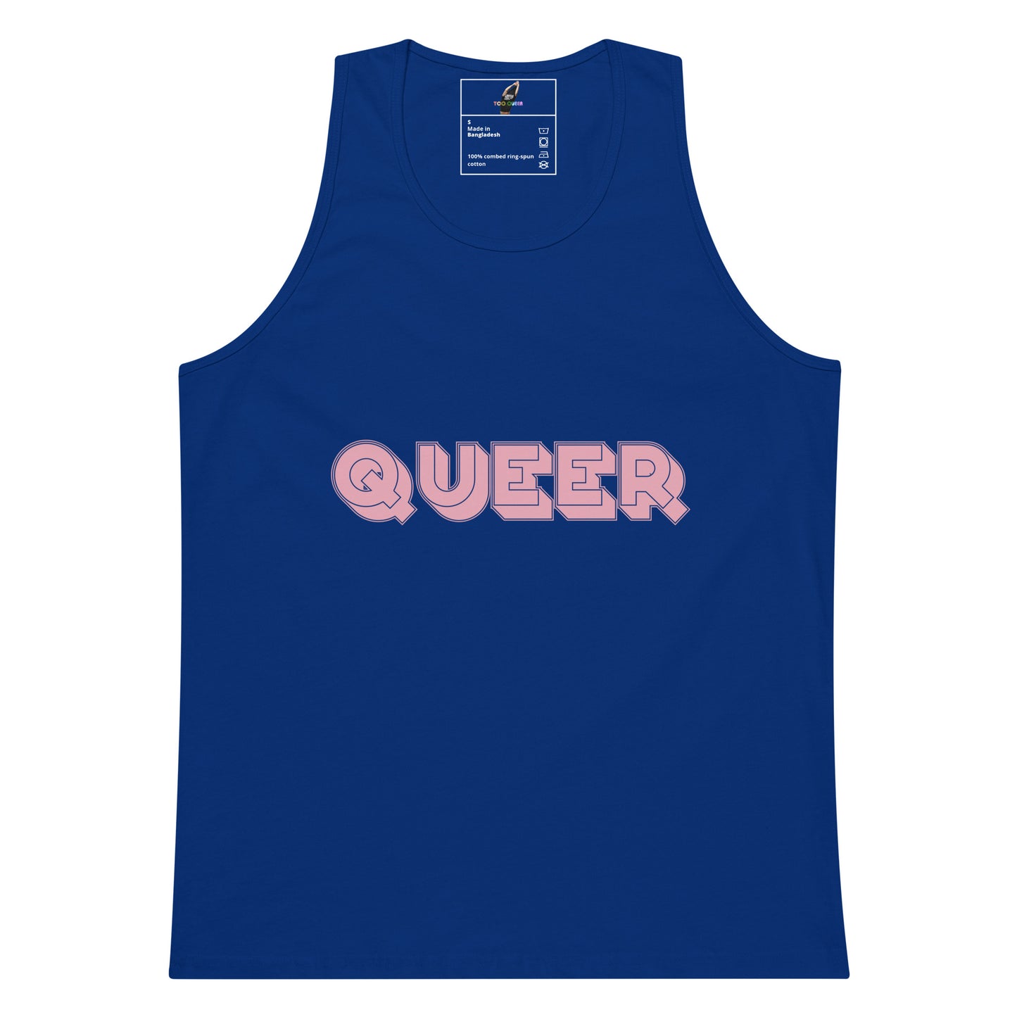 A royal blue sleeveless tank top with the word 'QUEER' printed across the chest in pink outlined bubble letters, shown on a plain white background.