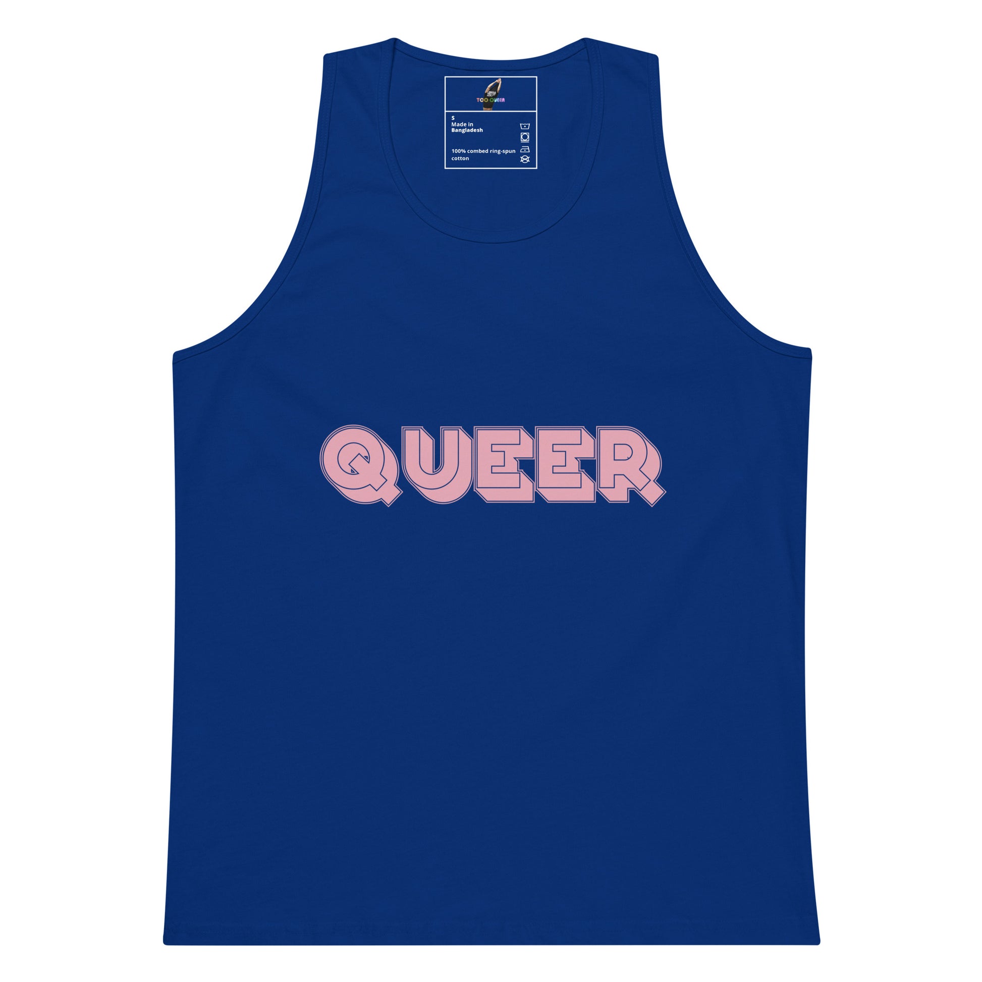 A royal blue sleeveless tank top with the word 'QUEER' printed across the chest in pink outlined bubble letters, shown on a plain white background.
