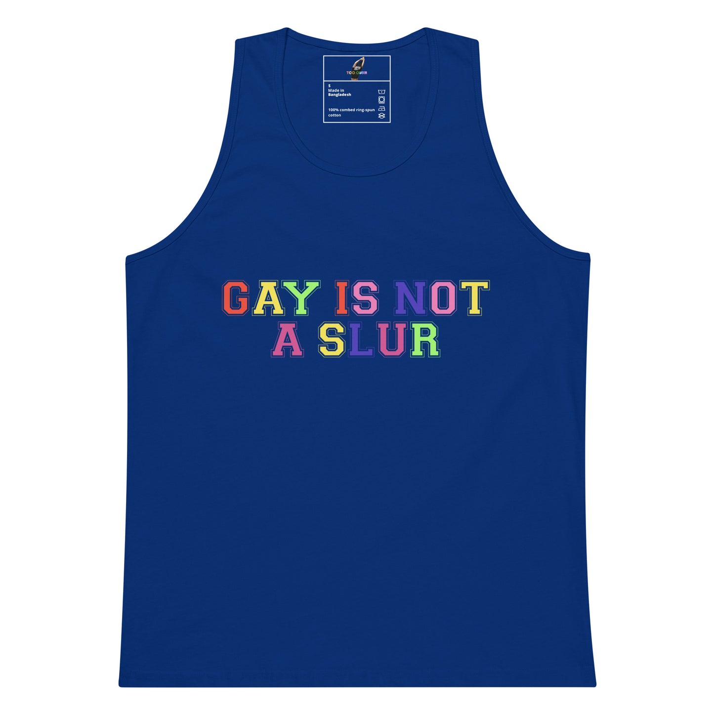 A royal blue sleeveless tank top with the text 'GAY IS NOT A SLUR' printed across the chest in a rainbow-colored retro font. The neck label shows the brand 'Comfort Colors'.
