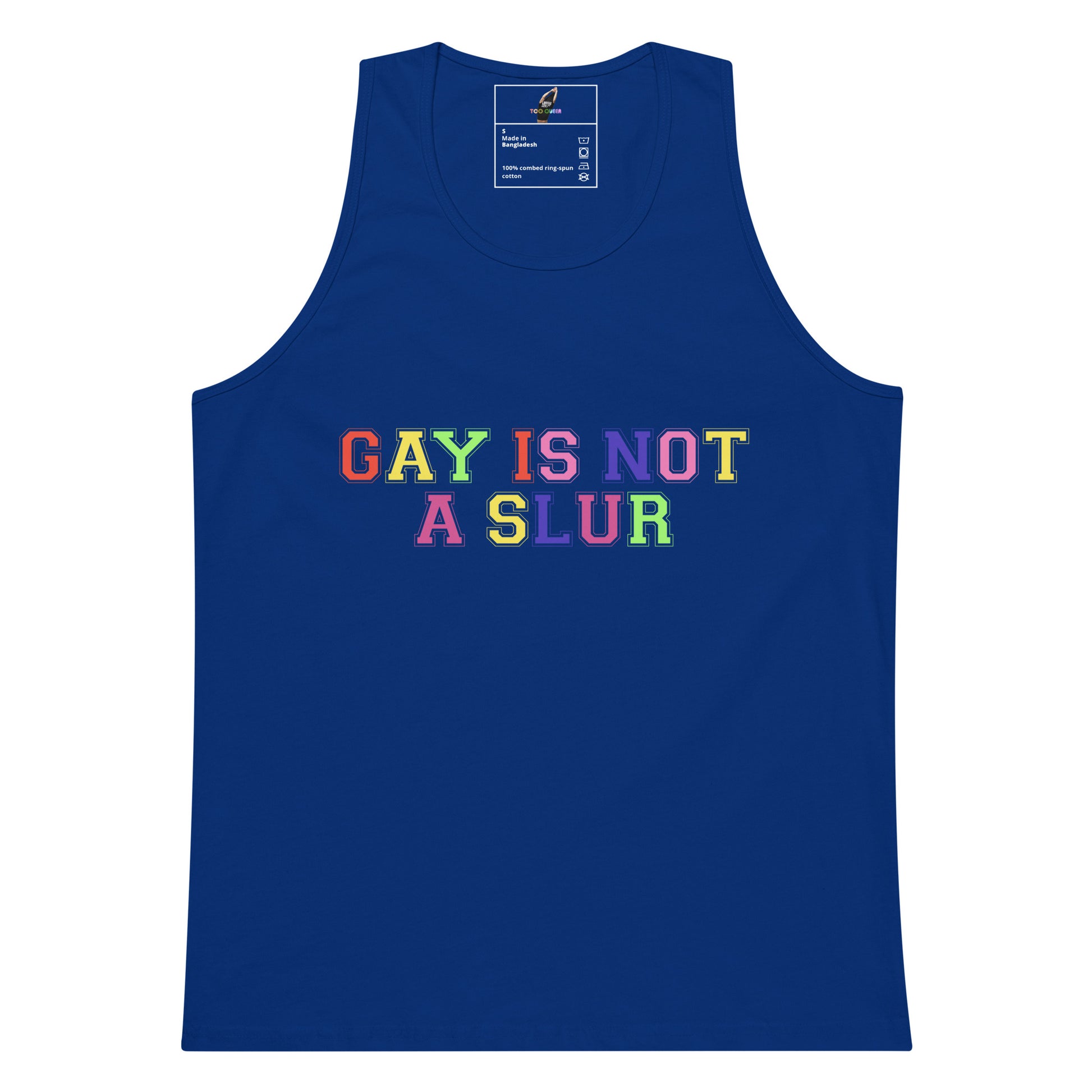 A royal blue sleeveless tank top with the text 'GAY IS NOT A SLUR' printed across the chest in a rainbow-colored retro font. The neck label shows the brand 'Comfort Colors'.