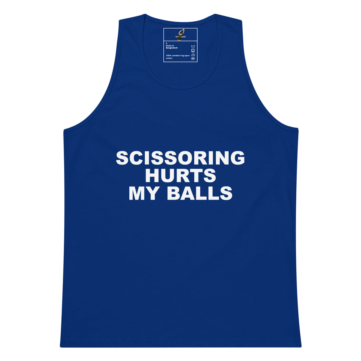 A royal blue sleeveless tank top with bold white text on the front reading 'SCISSORING HURTS MY BALLS'. The tank top is displayed flat against a solid white background, with a small brand label visible inside the collar.