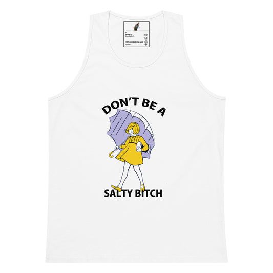 A white tank top featuring a graphic print of a cartoon character in a yellow raincoat holding a purple umbrella, with the text 'DON'T BE A SALTY BITCH' in black.