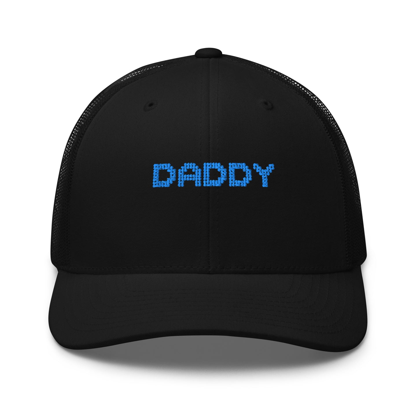 A black trucker-style baseball cap with a curved brim and black mesh back panels, featuring an embossed tonal logo on the front that reads 'LXIX GOLF CLUB'.