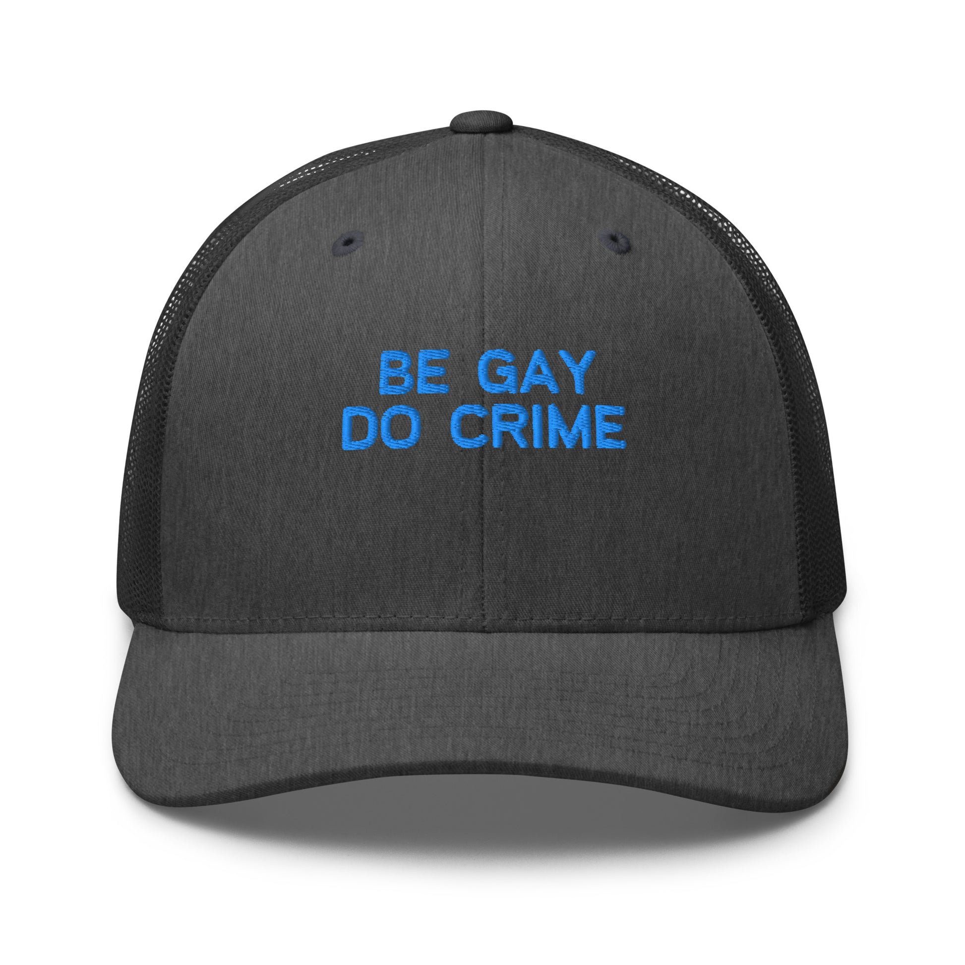 Dark gray cap with a unique design on a white background