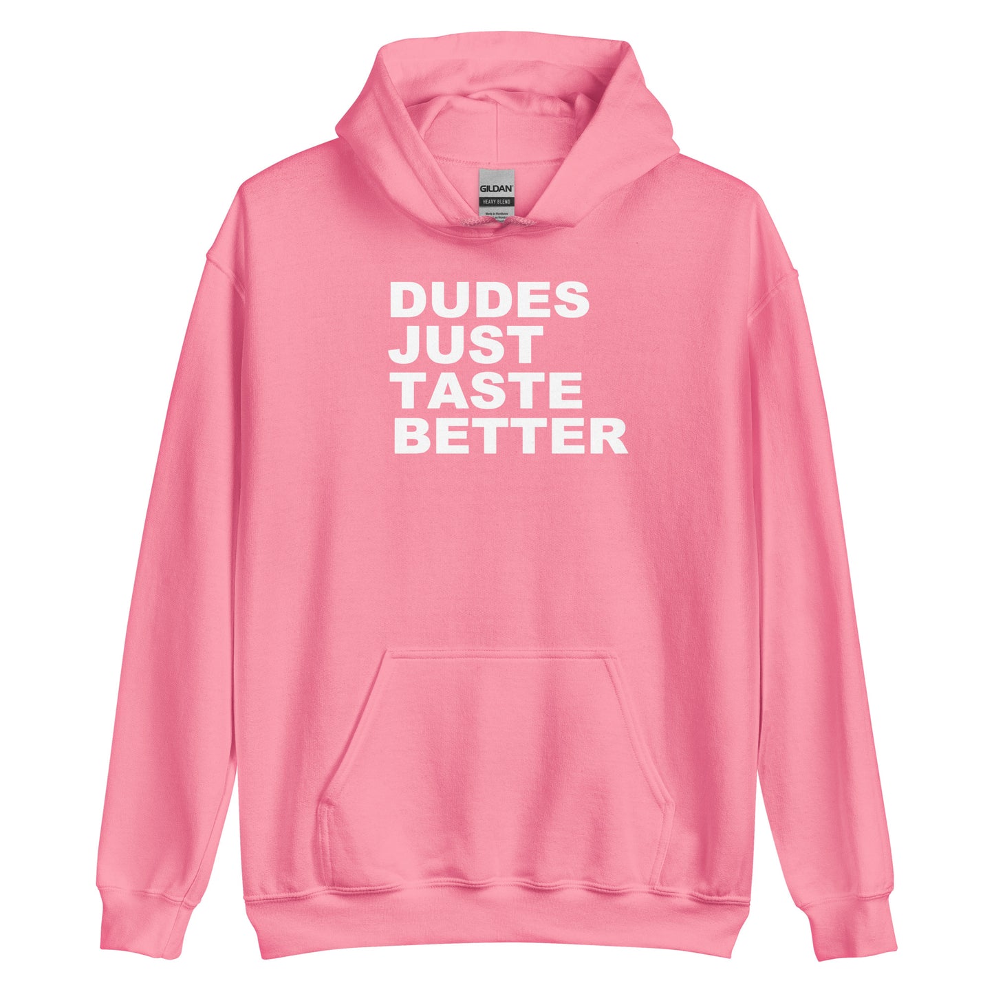 A pink pullover hoodie with the phrase 'DUDES JUST TASTE BETTER' printed in bold white capital letters across the chest, displayed on a clean white background.