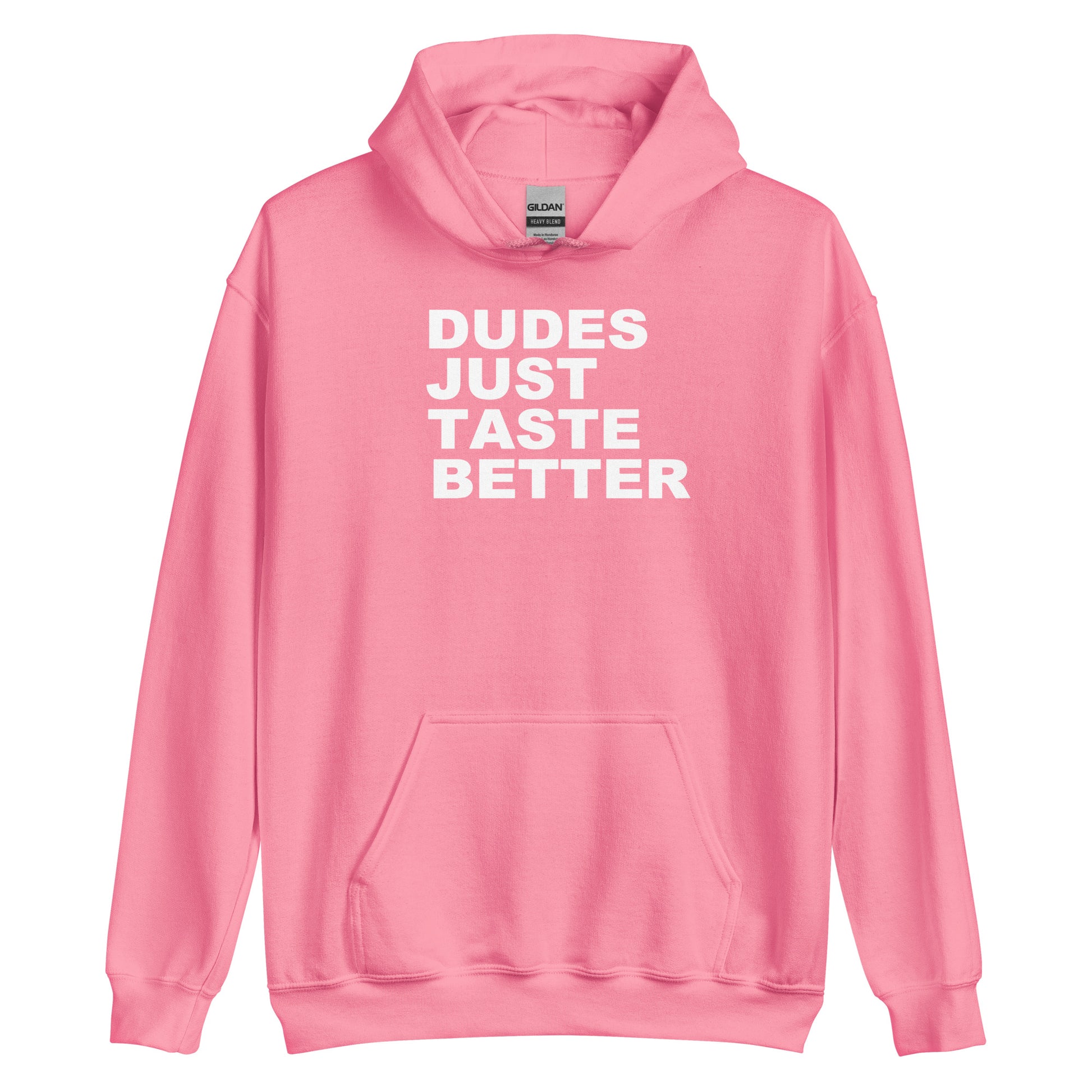 A pink pullover hoodie with the phrase 'DUDES JUST TASTE BETTER' printed in bold white capital letters across the chest, displayed on a clean white background.