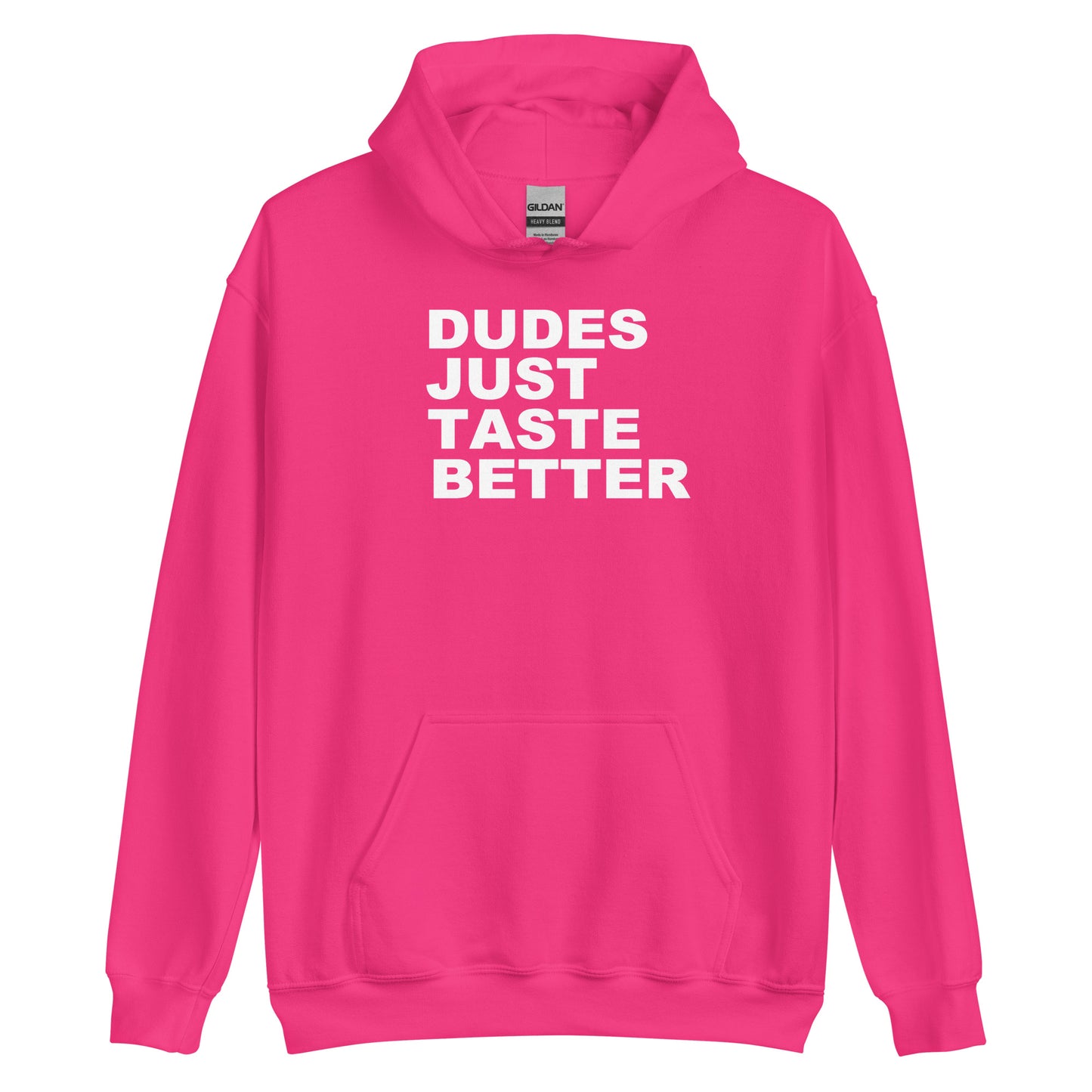 A bright pink pullover hoodie with the phrase 'DUDES JUST TASTE BETTER' printed in bold white capital letters across the chest, displayed on a clean white background.