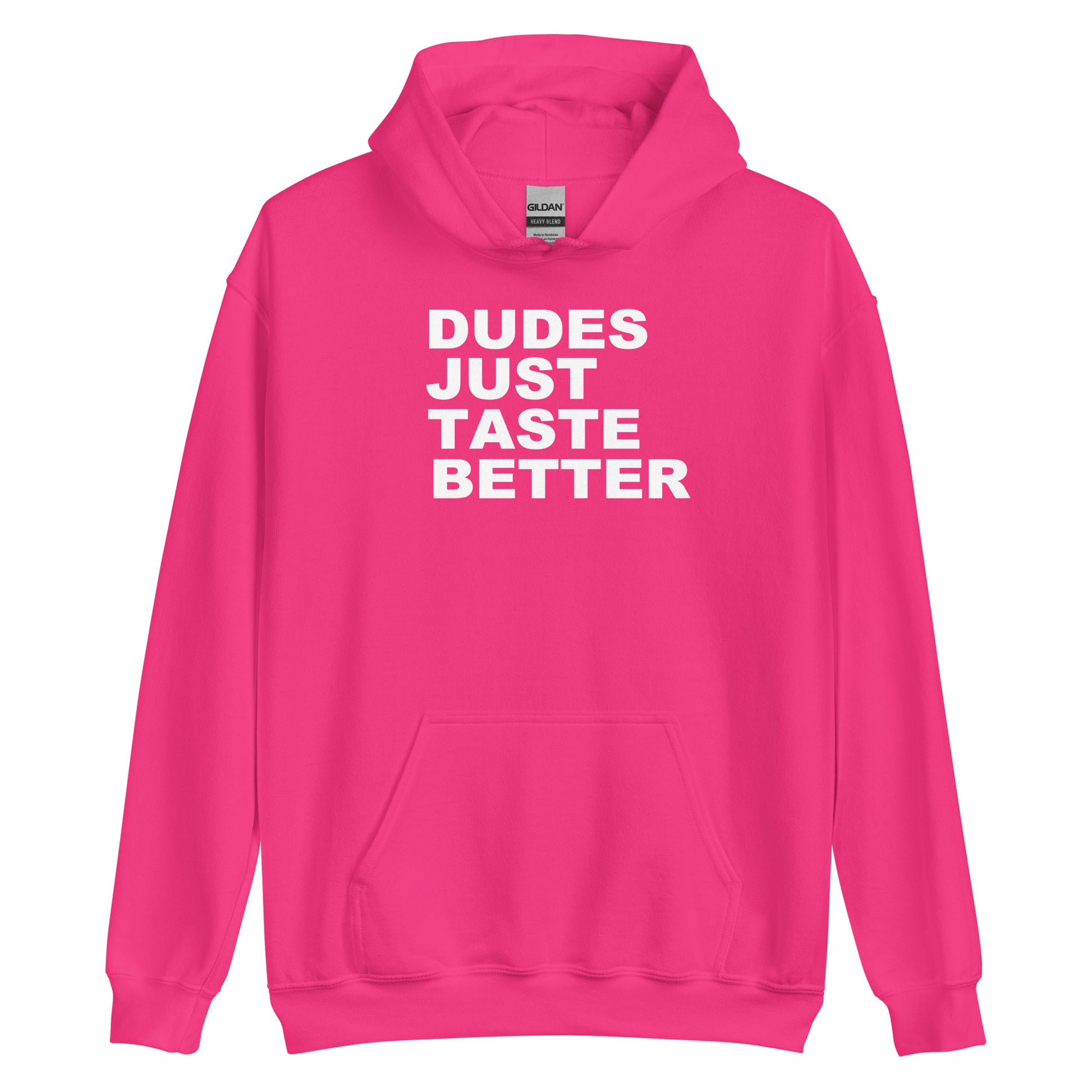 A bright pink pullover hoodie with the phrase 'DUDES JUST TASTE BETTER' printed in bold white capital letters across the chest, displayed on a clean white background.