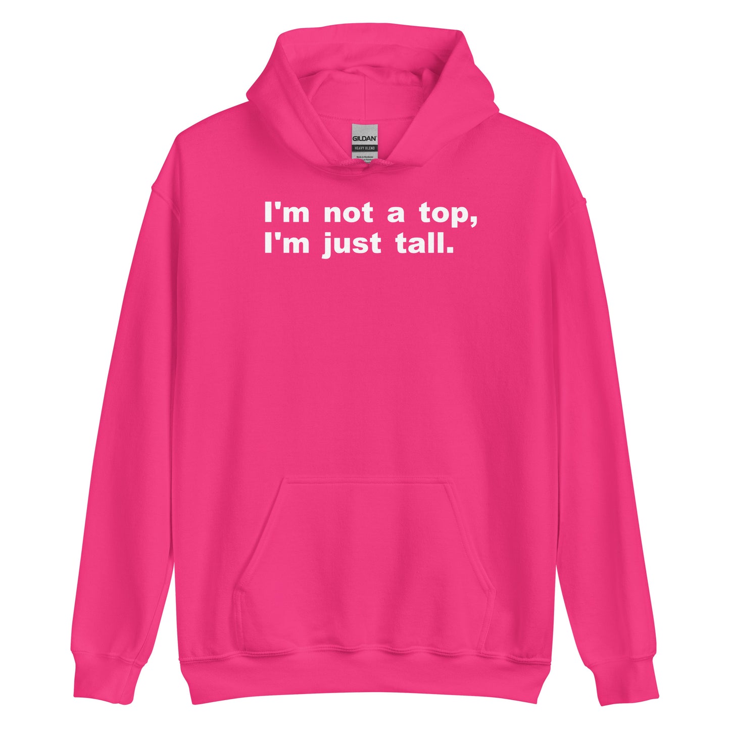 Pink hoodie with a small yellow logo on the chest against a white background