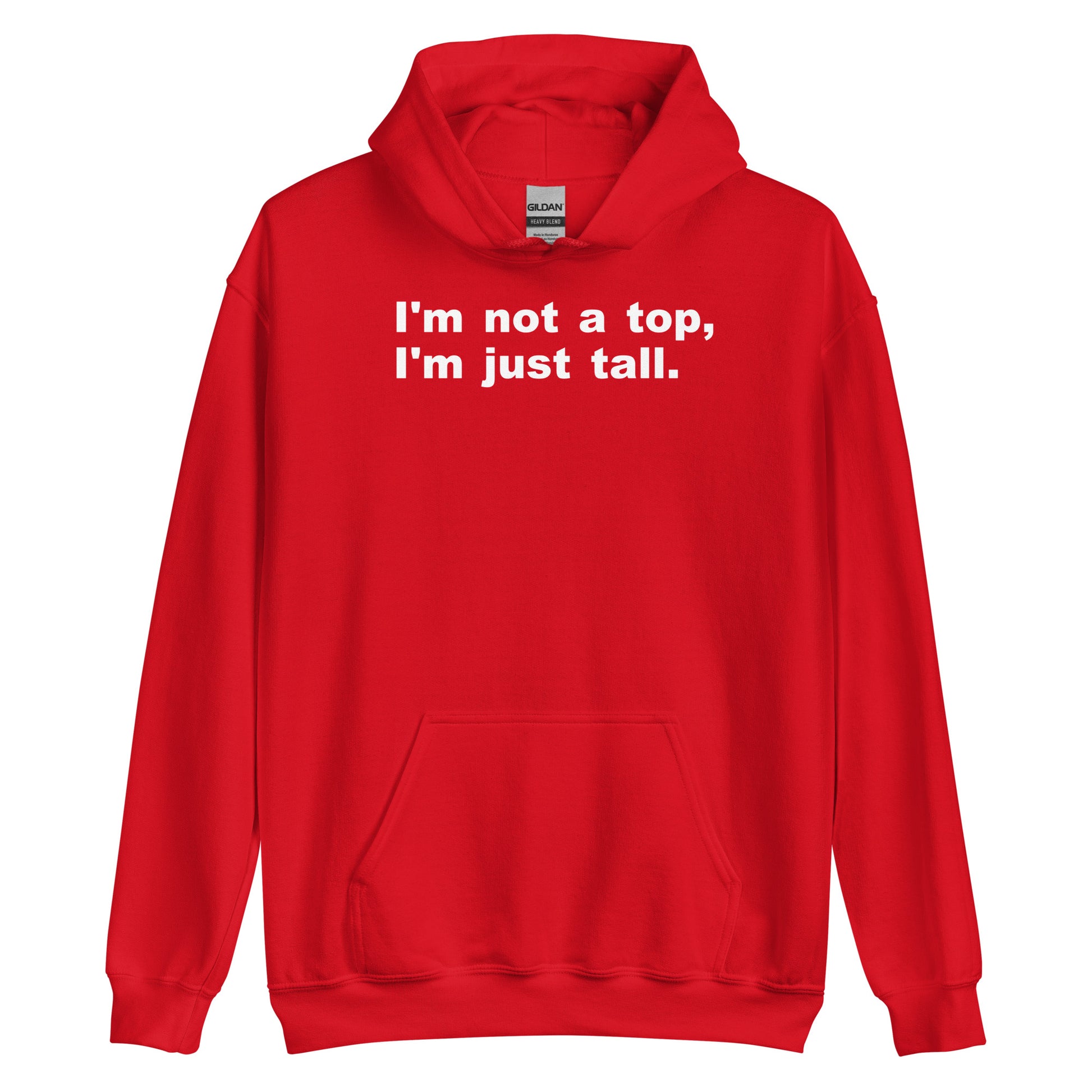 Red hoodie with 'The Gospel is Hospitality' text on a white background