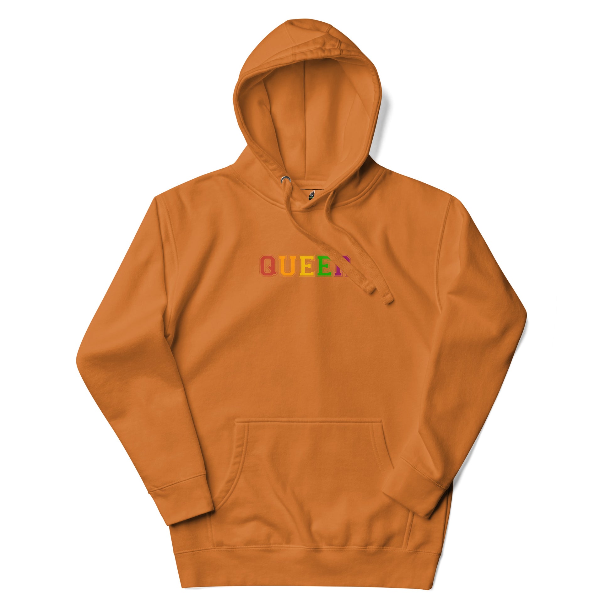 Orange hoodie with a black logo on a white background